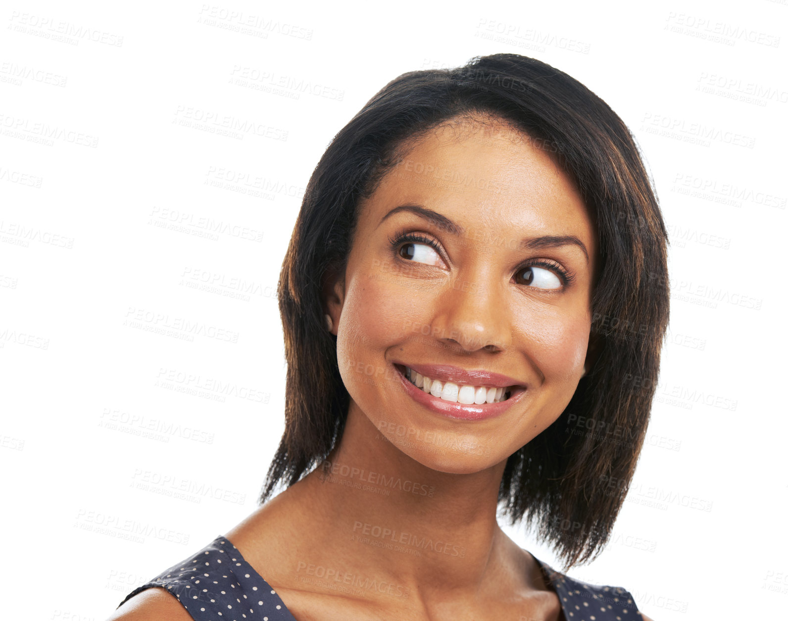 Buy stock photo Mockup, happy thoughts and black woman thinking of ideas of mindset, planning or remember memory. Inspiration, solution and studio model question goals, daydream or face decision on white background