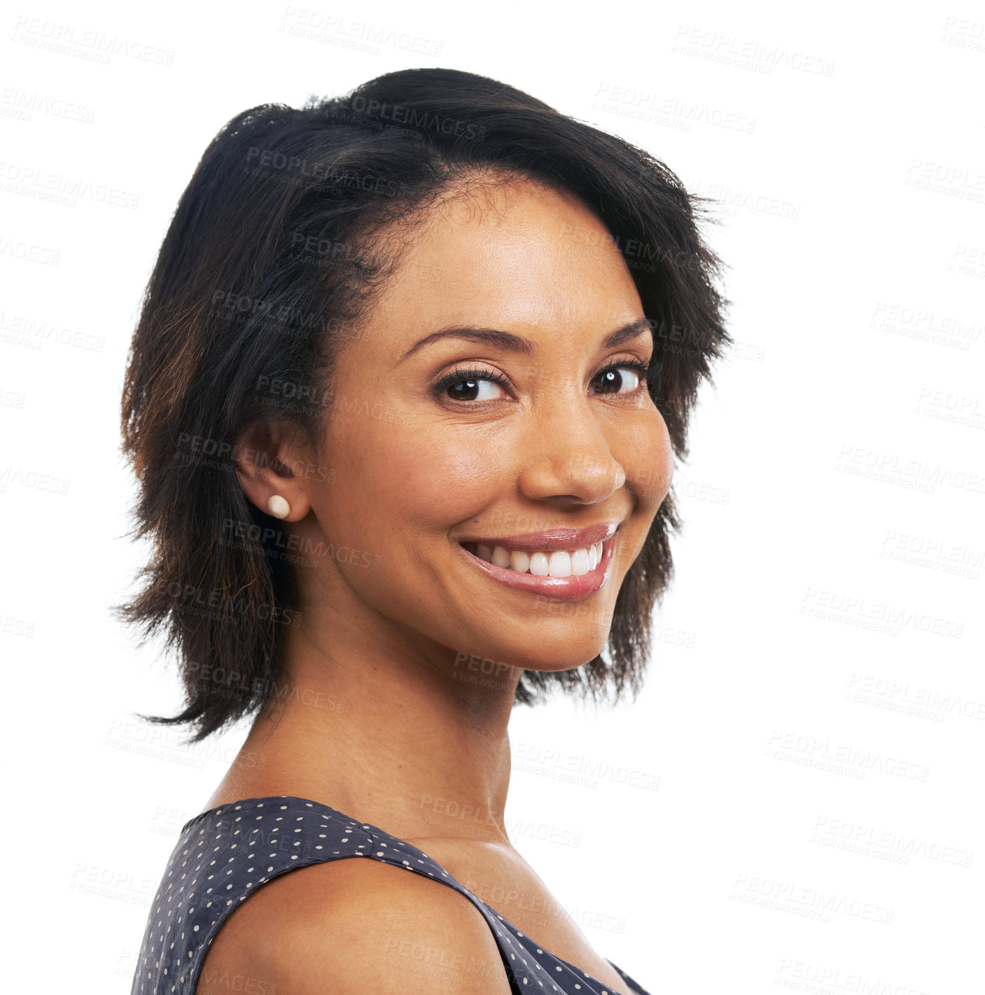 Buy stock photo Wellness, beauty and portrait of black woman on a white background for glow, cosmetics and makeup. Skincare, natural lifestyle and face headshot of girl with big smile, confident and happy in studio