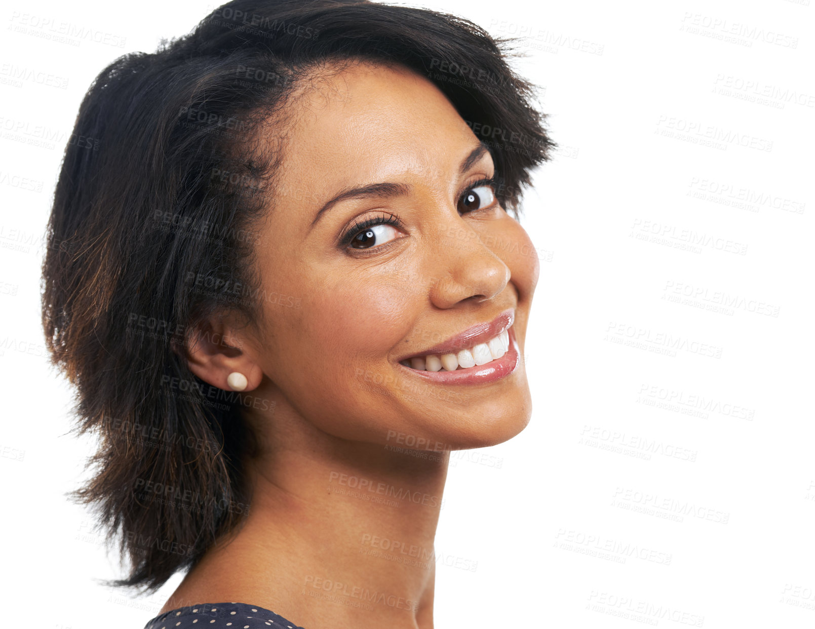 Buy stock photo Smile, beauty and portrait of black woman on a white background for wellness, cosmetics and makeup. Skincare, natural lifestyle and face headshot of girl with big smile, confident and happy in studio