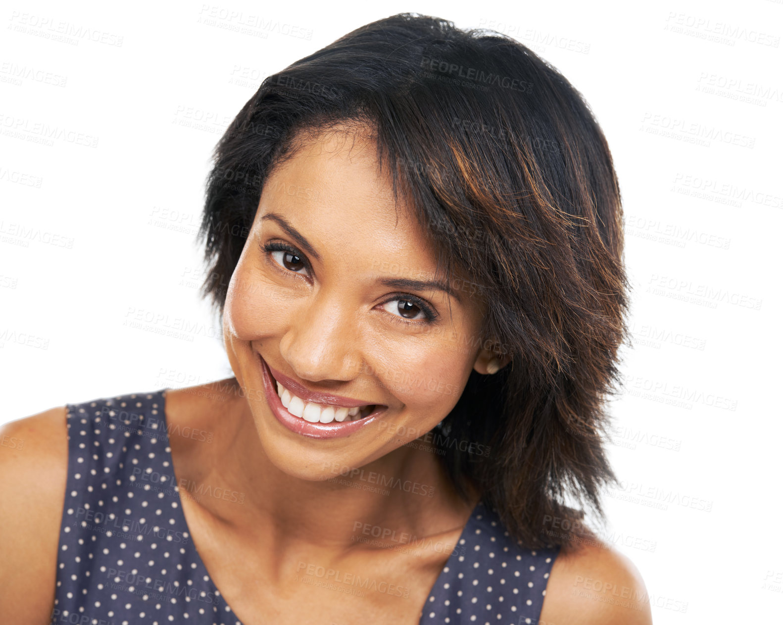 Buy stock photo Black woman, portrait or trendy brunette hairstyle on isolated white background in keratin treatment or dye color marketing. Zoom, face or happy smile on beauty model, brown hair or makeup cosmetics