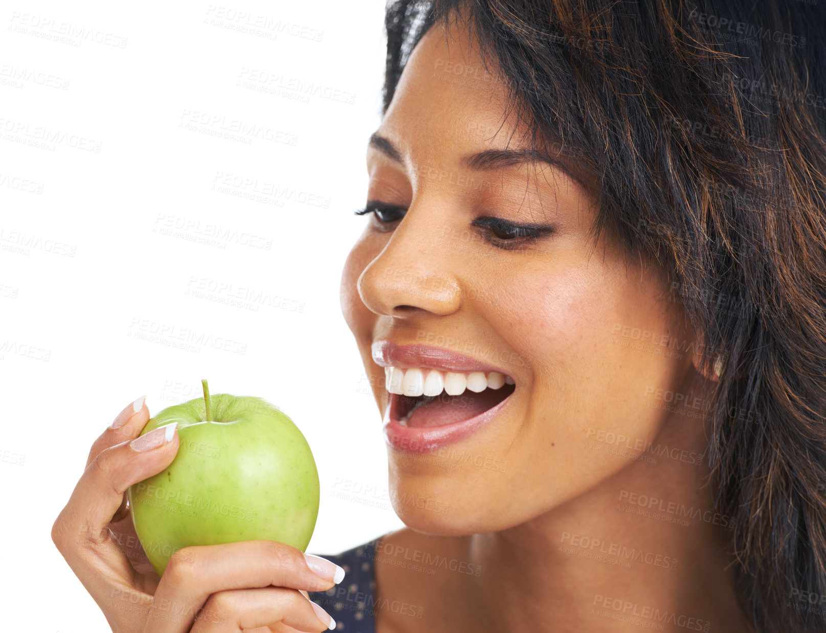 Buy stock photo Black woman, studio and apple with diet, lifestyle and hungry for healthy, organic snack and eating by white background. Woman, smile and natural green fruit for detox, energy or wellness by backdrop