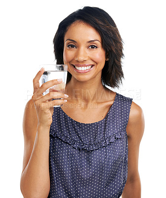 Buy stock photo Portrait, happy or black woman drinking water in studio on white background with marketing mockup space. Smile, face or healthy girl drinks natural liquid or glass beverage for hydration or wellness