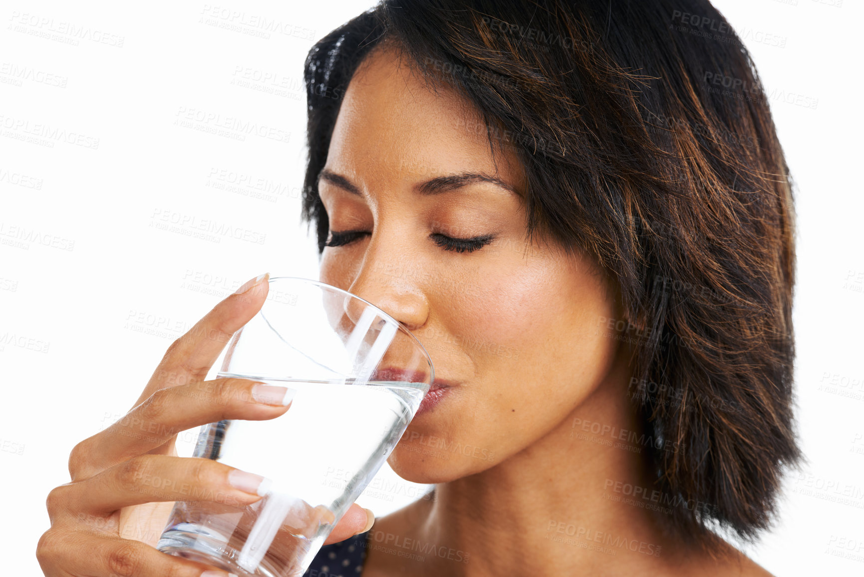 Buy stock photo Black woman, drinking and glass of water for healthcare, wellness and lady isolated on white studio background. H2O, African American female and sipping clear liquid for hydration, skincare and 