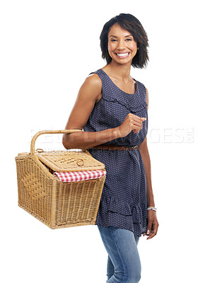 Buy stock photo Picnic, happiness and portrait of black woman with basket and smile for summer weekend fun on white background. Fun, food and woman standing holding picnic basket, big smile, and excited in studio.