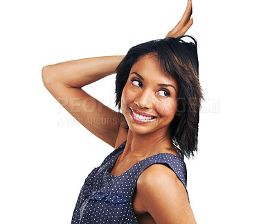 Buy stock photo Happy woman, poster or announcement with advertising space, billboard or mockup for brand sale. Black female with a banner, product placement or signage mock up for branding logo on white background