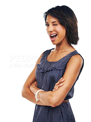 Buy stock photo Arms crossed, pride and portrait of a black woman wink on a white background in studio. Flirty, seductive and girl with arms folded with confidence, happiness and enthusiasm on a studio background