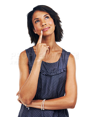 Buy stock photo Thinking, decision and black woman isolated with white background, ideas and mindset for planning. Inspiration, doubt and model in studio wondering, question and dream, solution and remember memory