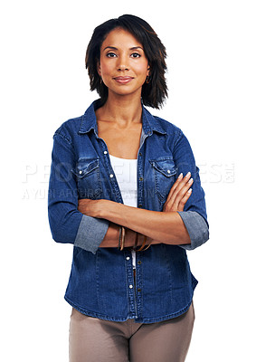 Buy stock photo Black woman, portrait and confidence with arms crossed on studio background, motivation or focus in Atlanta. Proud female model, crossed arms and white background with denim fashion, success or trust