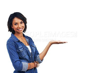 Buy stock photo Mockup, happy or black woman in studio with marketing, product placement or branding space. White background, portrait or African girls hand advertising discount, sales or promotional deal offer