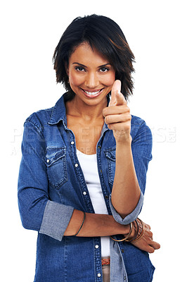 Buy stock photo Happy, smile and portrait of black woman pointing a finger for motivation, pride and confidence on white background in studio. Content, excited and model with hand gesture, positivity and empowerment