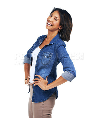 Buy stock photo Portrait, black woman and laughing with smile, confident and girl isolated on white studio background. Fashion, African American female and lady with confidence, laugh or happiness with casual outfit