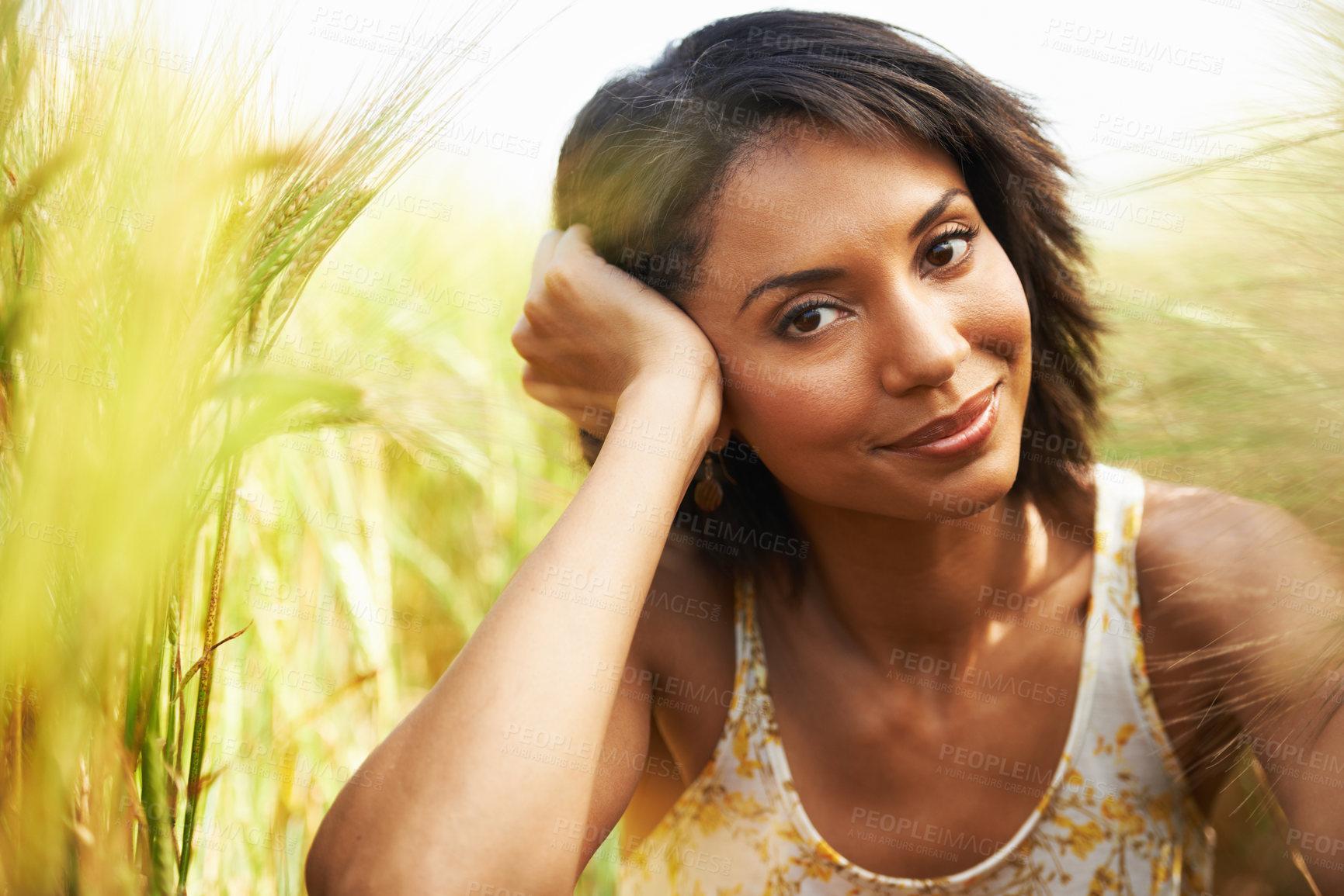 Buy stock photo Portrait, relax or woman in an outdoor field in the countryside in spring for freedom on break. Nature, wellness or happy female person in garden or farm for fresh air on holiday vacation or travel