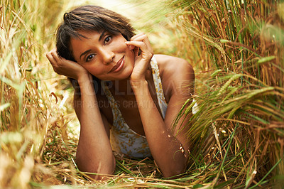 Buy stock photo Cropped shot of a woman in a wheat field