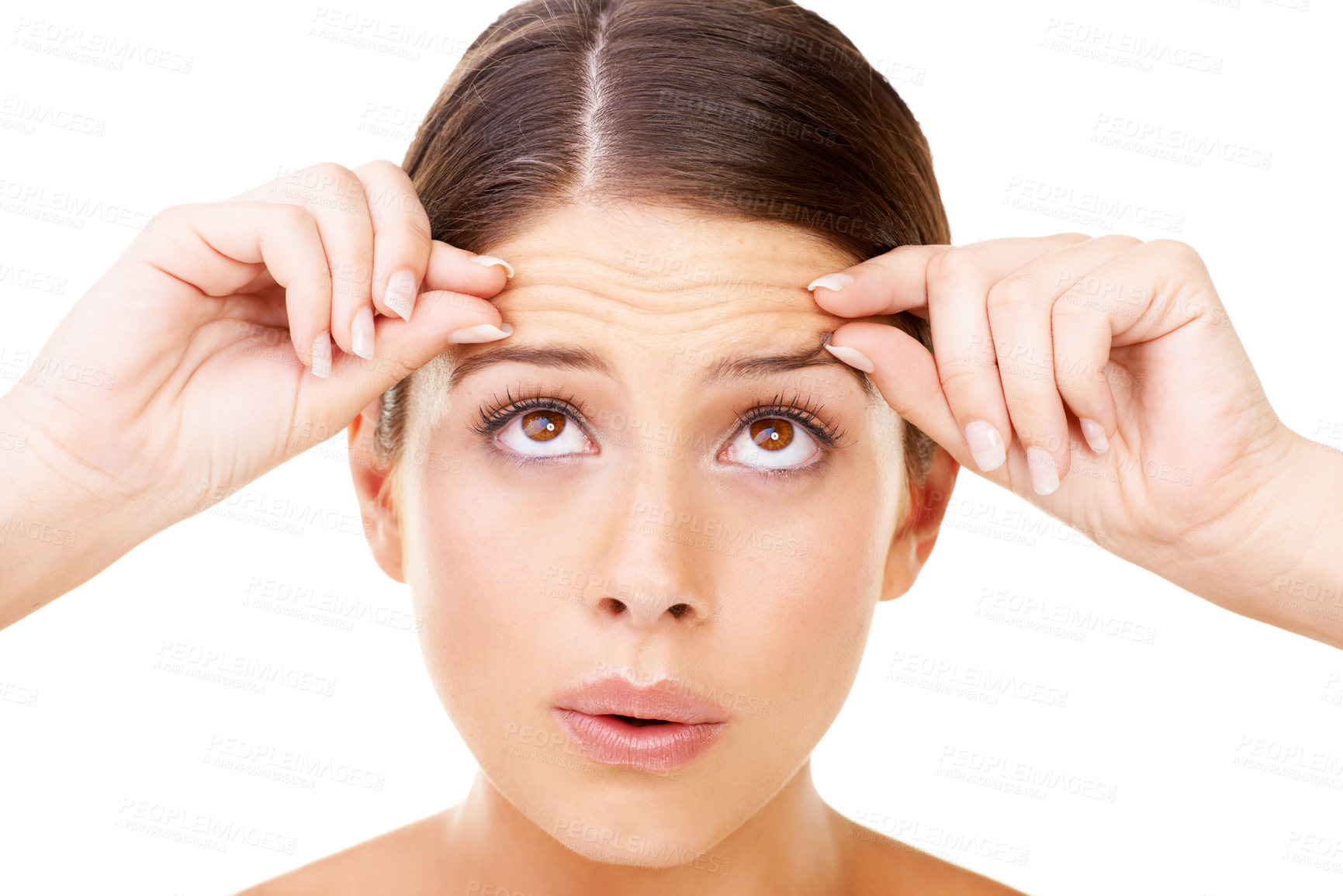 Buy stock photo Skincare, stress and woman with forehead wrinkles check in studio for inspection on white background. Beauty, fail or female model with aging, anxiety or allergic reaction to cosmetics or treatment