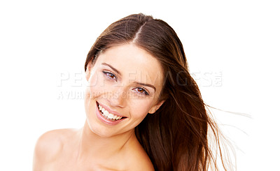 Buy stock photo Woman, smile and portrait of skincare in salon, spa or studio with white background for cosmetic dermatology. Healthy, skin and natural facial results with happy, wellness and beauty from cosmetics