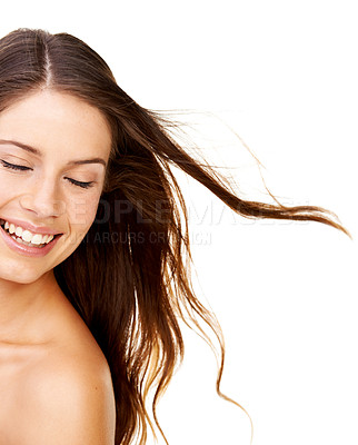 Buy stock photo Hair care, woman and beauty with smile in studio with cosmetics, collagen and healthy texture. Person, face or eyes closed for shampoo glow, shine or results on white background with beauty treatment