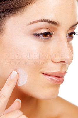 Buy stock photo Cream, cosmetics and woman with beauty, skincare and dermatology isolated on a white studio background. Happy, face and person with healthy skin, treatment and grooming with creme, clear and wellness