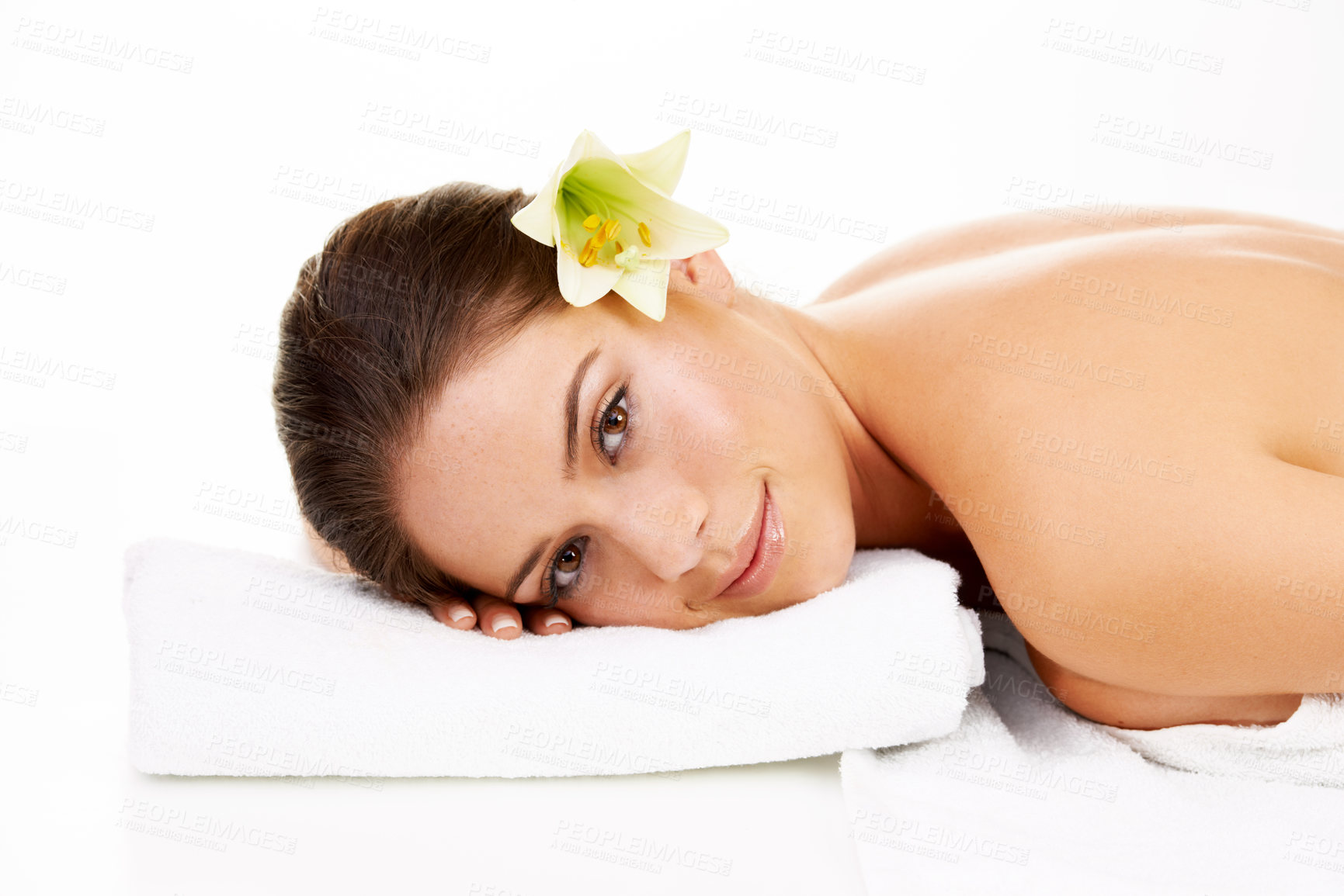 Buy stock photo Happy woman, portrait and relax with flower in spa, zen or massage isolated on a white studio background. Face of female person or model smile in skincare for health body therapy, salon or treatment 