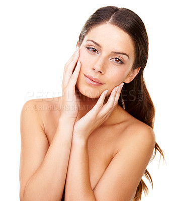 Buy stock photo Woman, skincare and beauty with hands, face and model for skin, cosmetics and studio background. Bare, portrait and dermatology for calm, wellness and clean for facial glow, isolated and treatment
