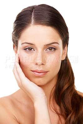 Buy stock photo Woman, skincare and portrait with hands, face and model for skin, cosmetics and studio background. Fresh, makeup and dermatology for calm, wellness and clean for facial glow, isolated and treatment