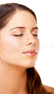 Buy stock photo Skincare, woman or eyes closed in studio with beauty, cosmetic and facial wellness for shine on white background. Person, face or pride for glow treatment, healthy aesthetic or dermatology or closeup