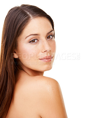 Buy stock photo Portrait, beauty and shoulder with a woman in studio isolated on a white background for natural wellness. Face, skincare and luxury antiaging cosmetics with an aesthetic young model looking perfect