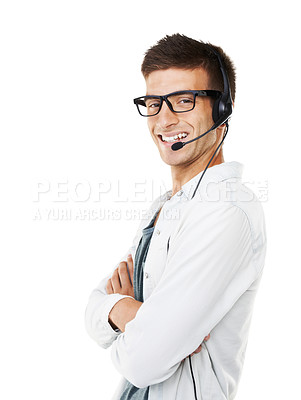 Buy stock photo Portrait of a smiling hipster man with a headset on and his arms crossed