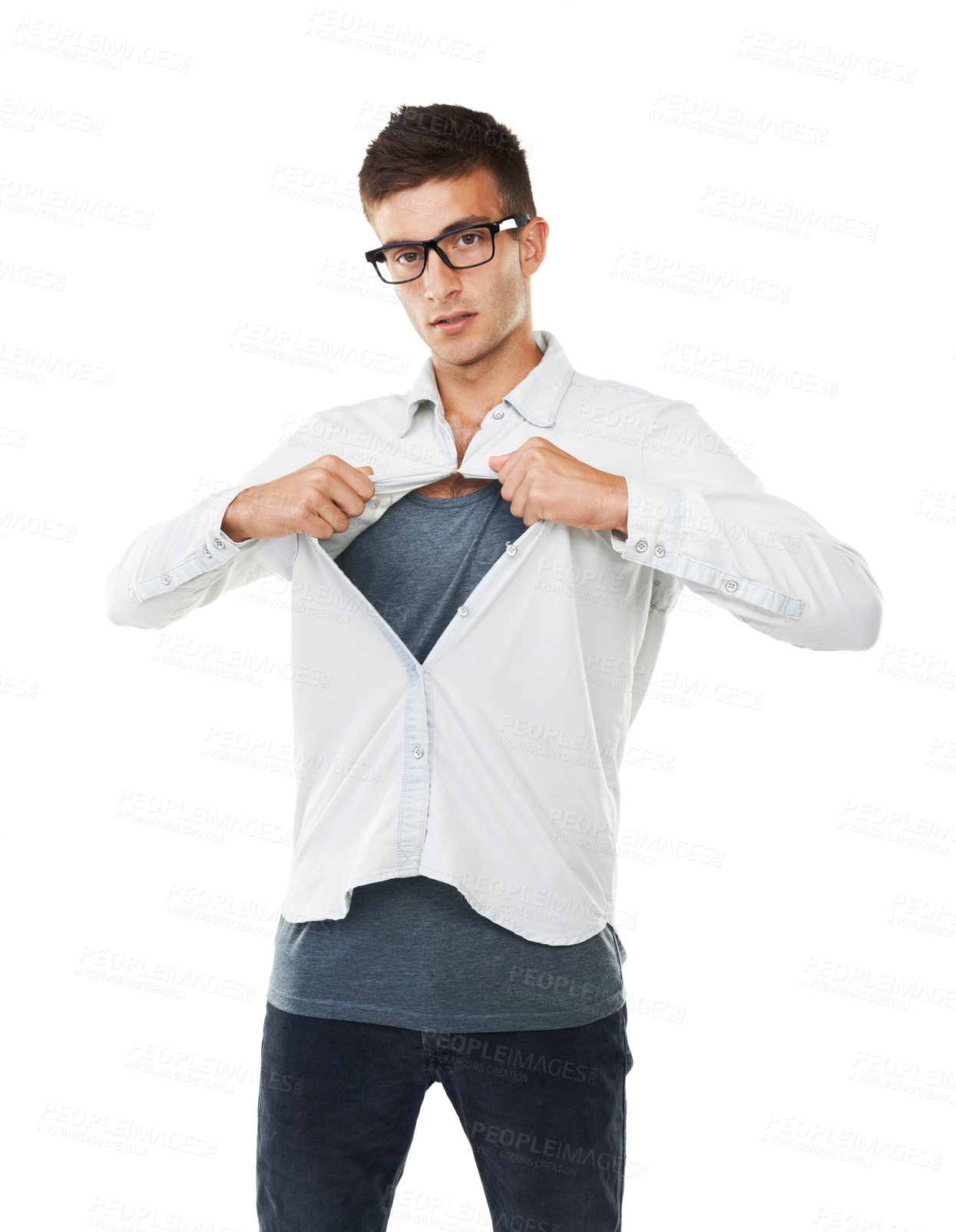 Buy stock photo Man, portrait and opening shirt with glasses getting ready for job or service against a white studio background. Attractive or young male person or model posing in smart casual or fashion on mockup