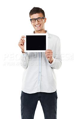 Buy stock photo Business man, tablet screen and mockup for website design, ux or ui presentation on a white background. Portrait of happy designer on digital technology, project software and information in studio