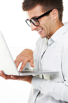 Buy stock photo Nerd, business man typing on laptop and software isolated on a white background. Happy geek in glasses on computer, digital technology and IT programmer coding, writing email online or cyber security