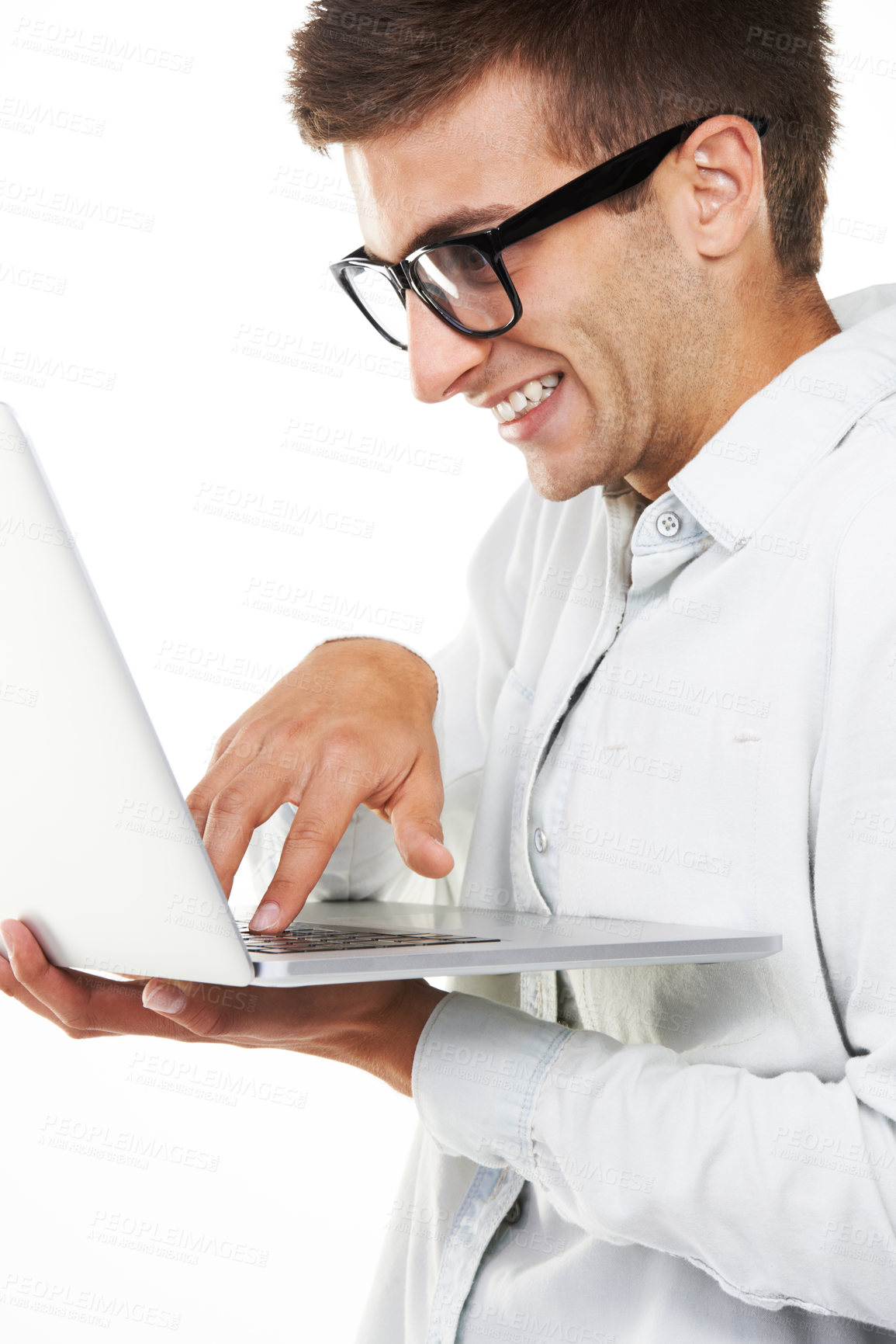 Buy stock photo Nerd, business man typing on laptop and software isolated on a white background. Happy geek in glasses on computer, digital technology and IT programmer coding, writing email online or cyber security