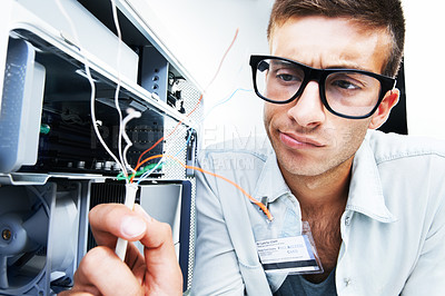 Buy stock photo Computer tower, wire problem and man fixing studio hardware, PC equipment or check internal electricity power damage. Maintenance repair, technician inspection and IT specialist on white background