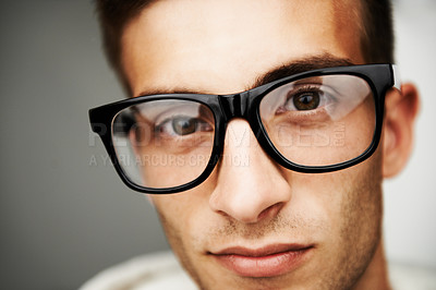 Buy stock photo Portrait close up of a man with hipster glasses on