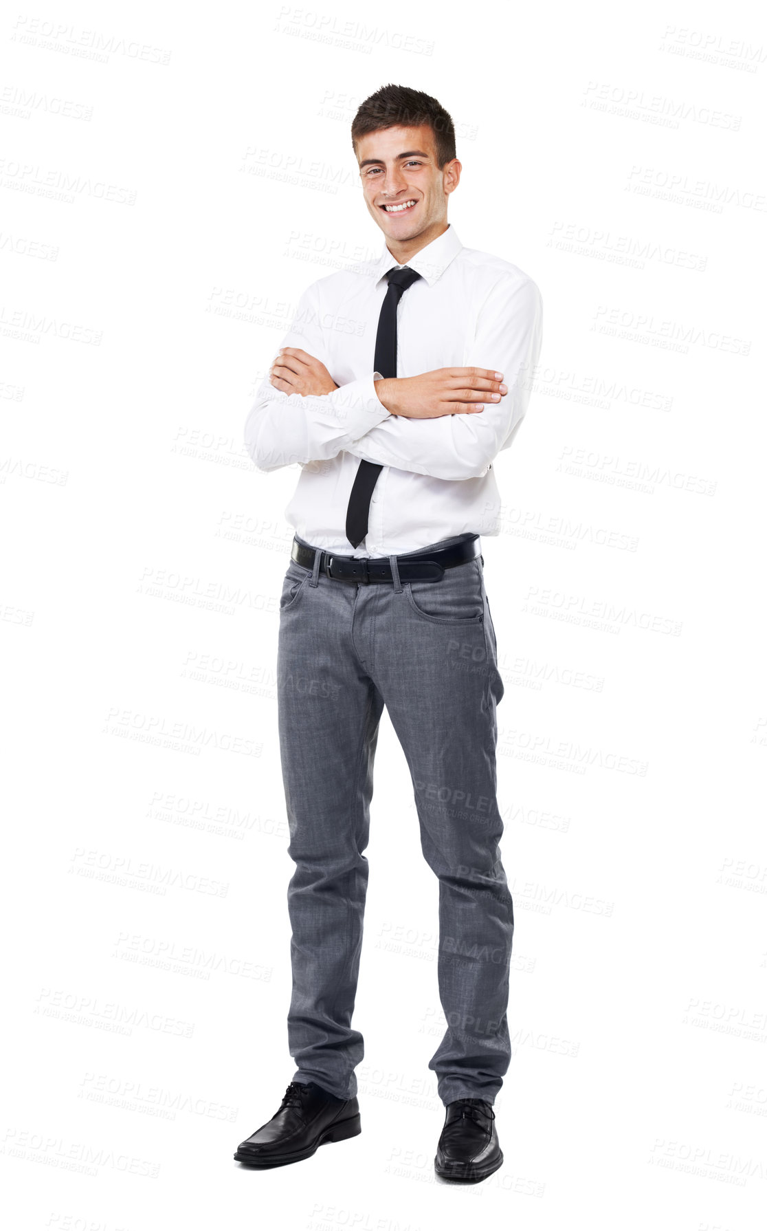 Buy stock photo Happy businessman, portrait and professional in confidence against a white studio background. Young man, model or confident employee standing with smile for career ambition or mindset on mockup space