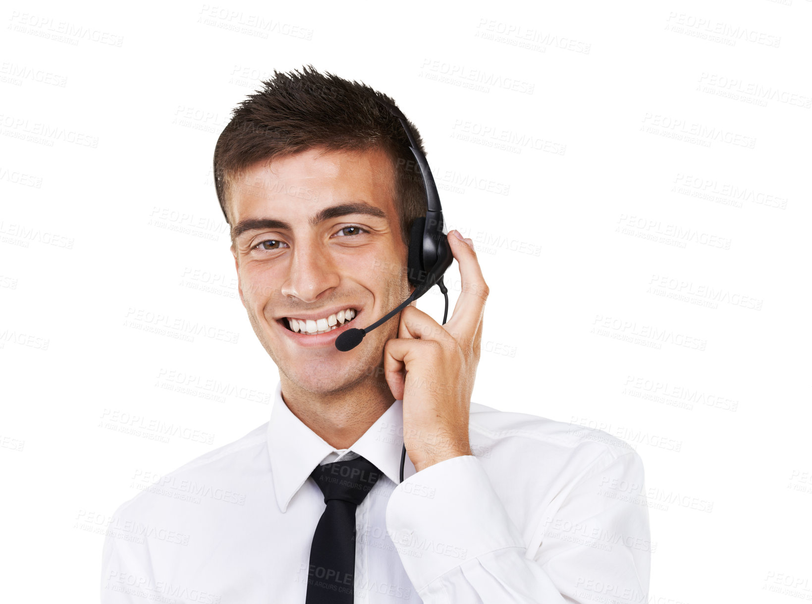 Buy stock photo Call center, happy portrait or man in studio for customer support, CRM contact or advisory mockup space on white background. Telemarketing salesman, consultant or microphone to help with IT questions
