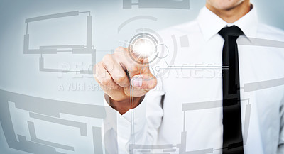 Buy stock photo Hand press, overlay or businessman pointing for security, information database or isolated dashboard. Digital world,  or entrepreneur closeup on touchscreen, hologram or futuristic fingerprint tech