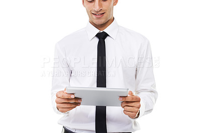 Buy stock photo Business man, hands and tablet in studio for planning research, information and update software on white background. Happy employee with digital technology for social media, internet network and app 