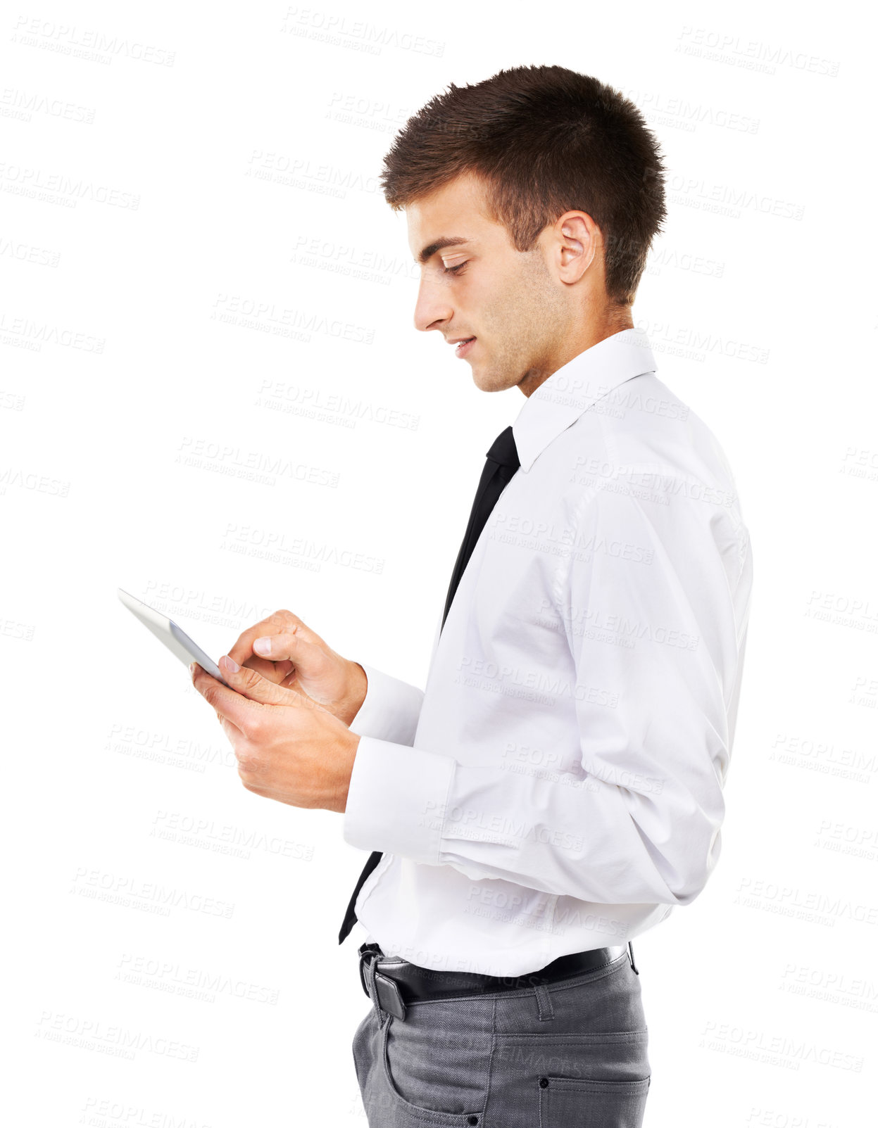 Buy stock photo Business man, tablet and scroll in studio for planning research, web information or update software on white background. Profile of worker with digital technology for social network, internet and app