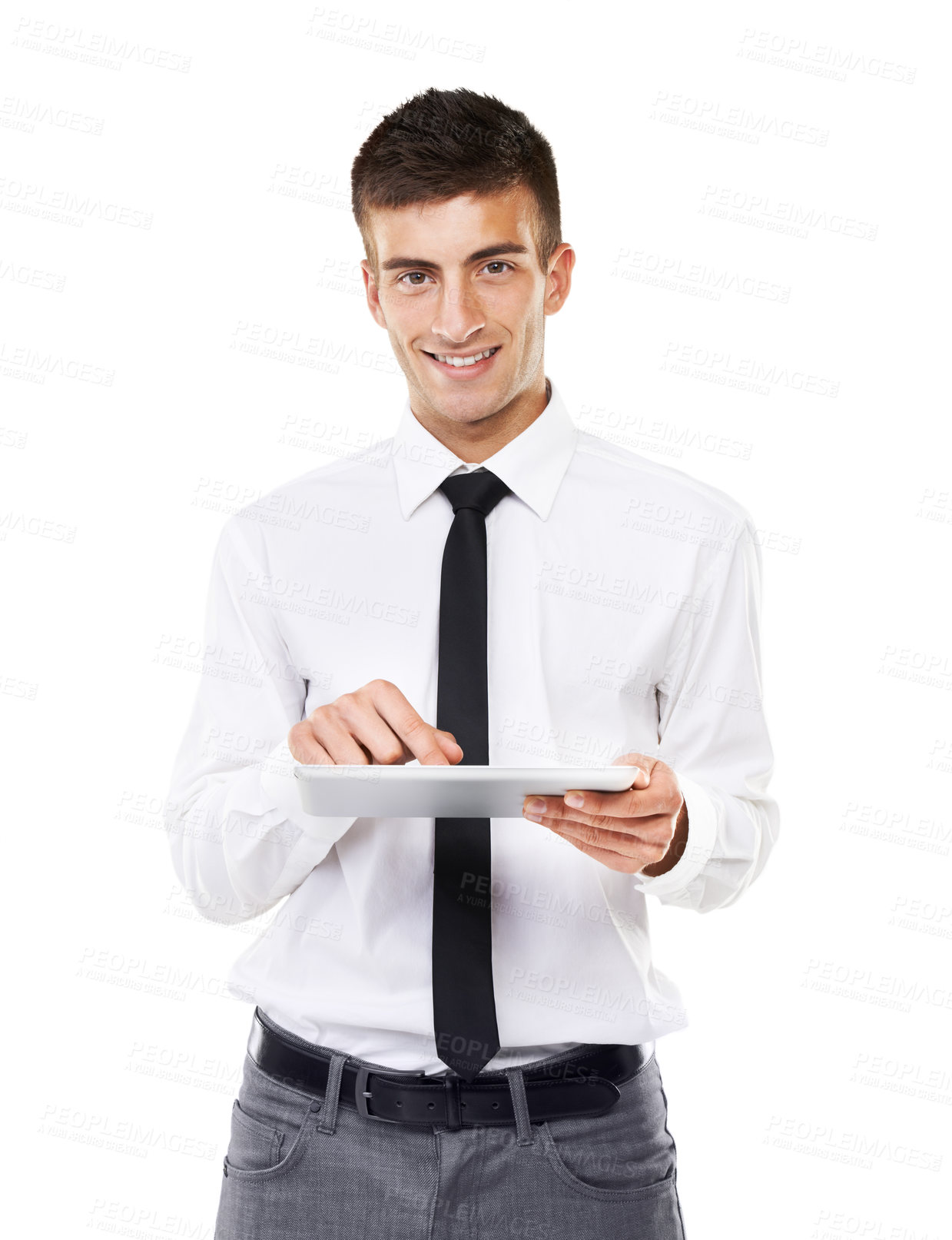 Buy stock photo Business man, portrait and tablet in studio for planning research, online information or update software on white background. Happy employee with digital technology for social network, app or website