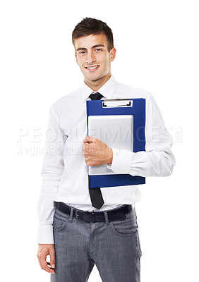 Buy stock photo Happy, businessman and portrait with checklist or tablet logistics, document or professional paperwork. Man, face and smile with clipboard for form, documentation or employee ready to start working