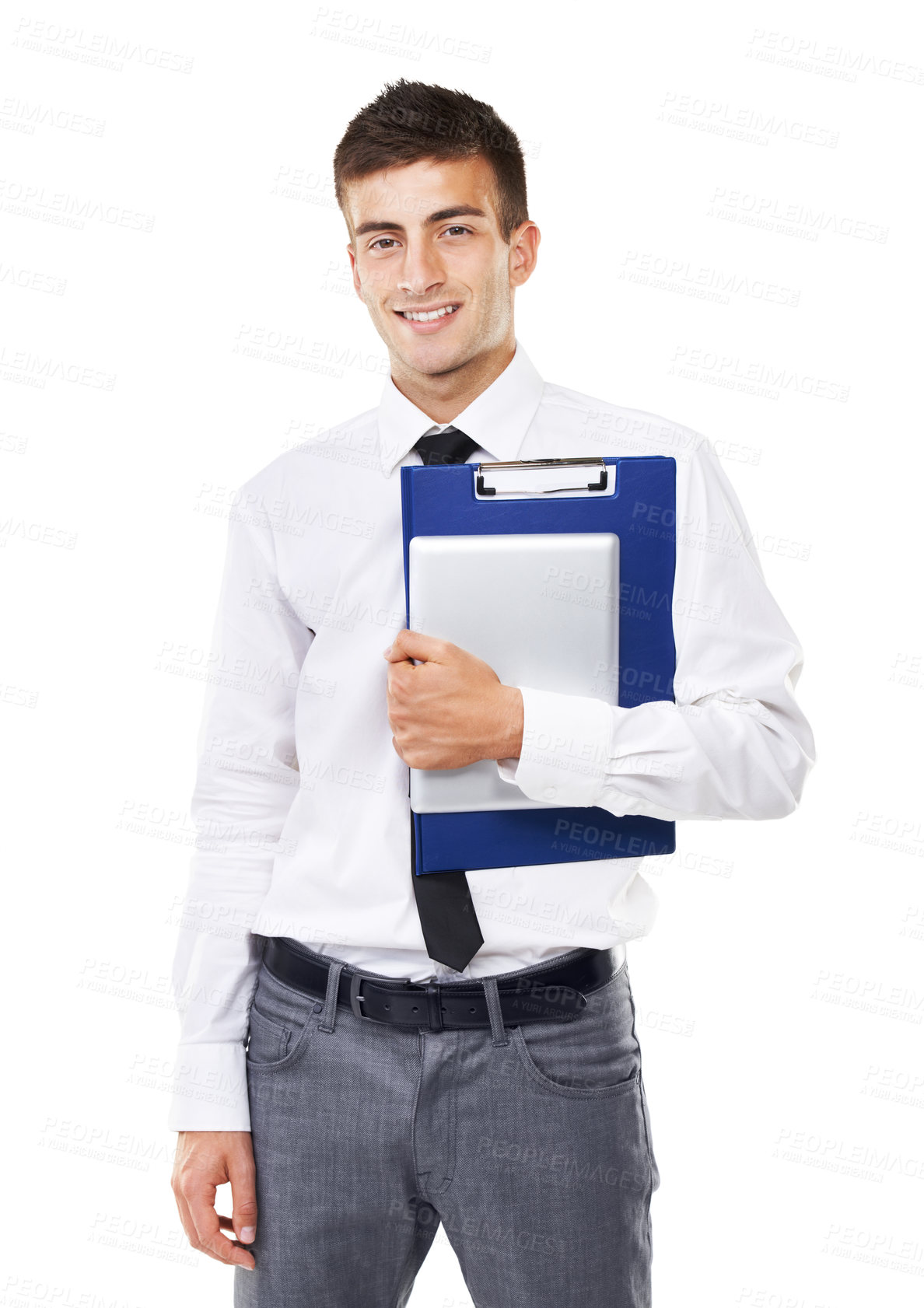 Buy stock photo Happy, businessman and portrait with checklist or tablet logistics, document or professional paperwork. Man, face and smile with clipboard for form, documentation or employee ready to start working