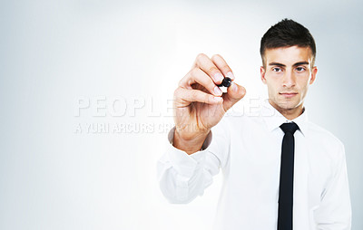 Buy stock photo Pen, ideas and hand of businessman writing in studio, white  background and invisible whiteboard. Man, planning and notes for strategy, problem solving and working with inspiration mockup space