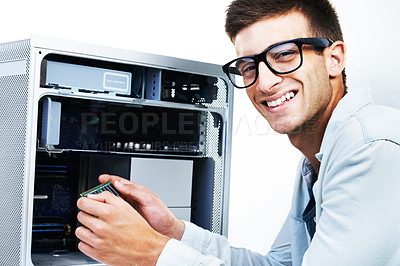 Buy stock photo Computer motherboard, portrait and happy man repair studio hardware, electronic circuit or electric machine. PC maintenance expert, technician and IT support upgrade RAM equipment on white background