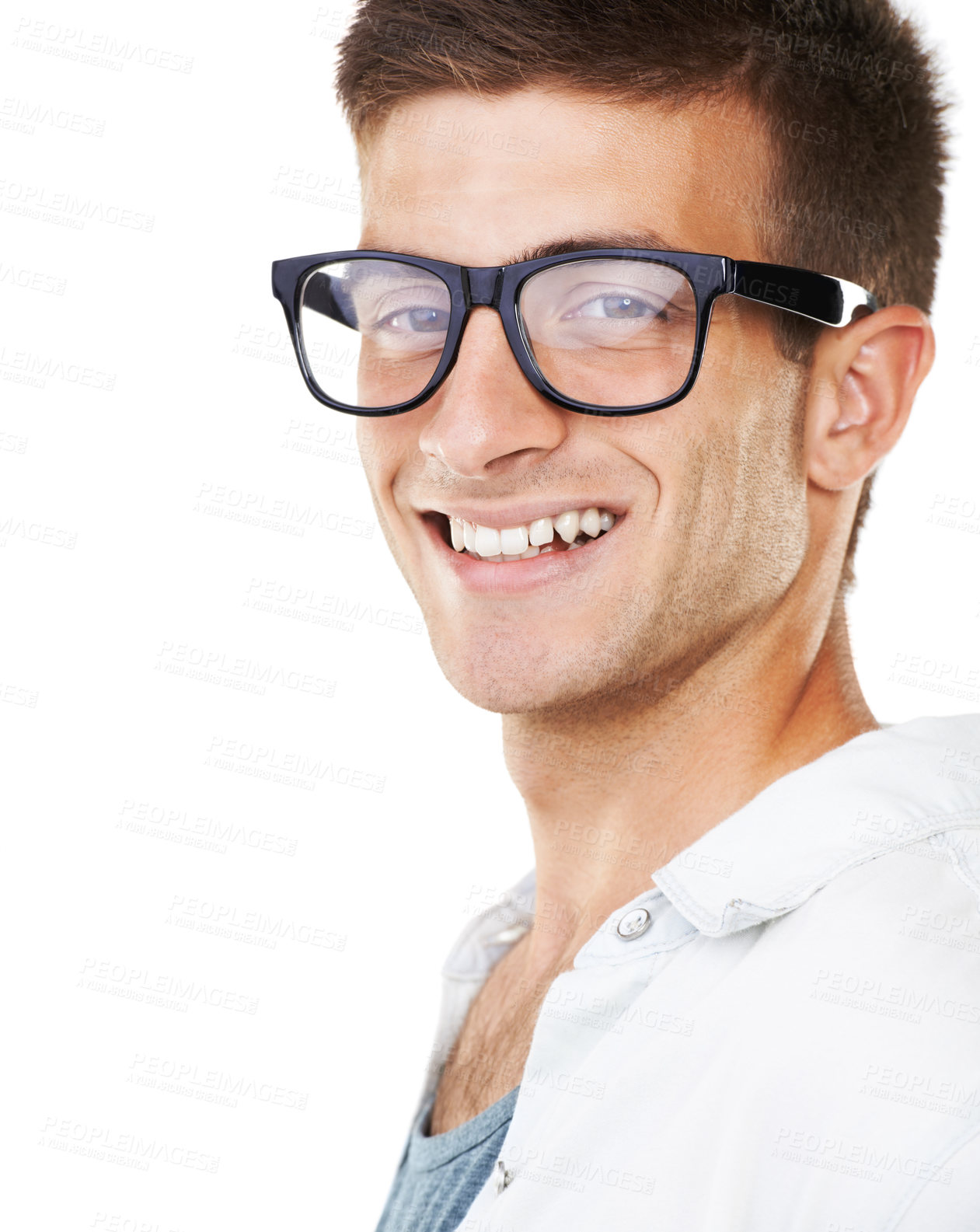 Buy stock photo Portrait, happy man and smile with glasses in studio for mock up on white background. Male model, person and creative with spectacles for vision with new, lens and frame for sight, myopia or eye care
