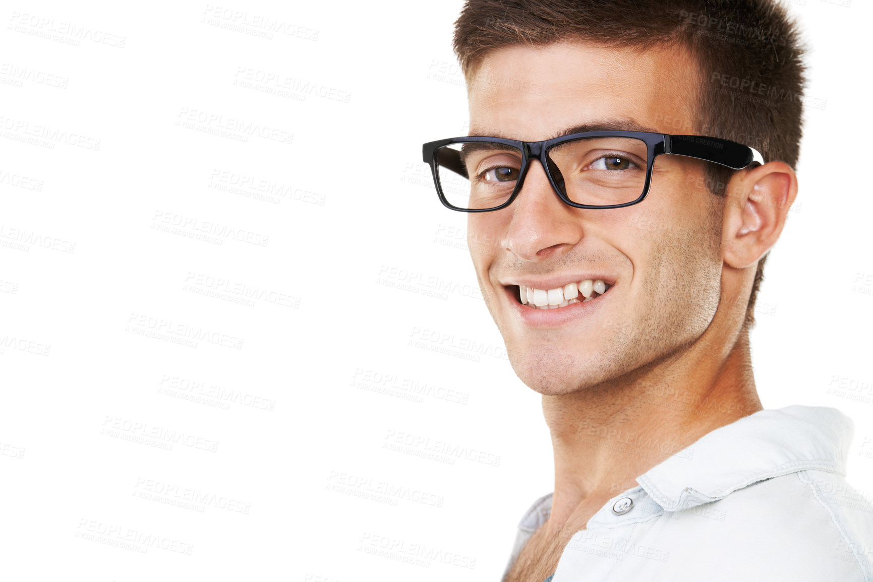 Buy stock photo Closeup, portrait and happy man with glasses in studio, mockup and white background in Spain. Person, vision and smile for new, frame and lens of spectacles for correction of sight, cornea or pupil