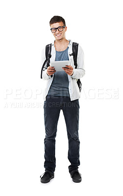 Buy stock photo Man, student and tablet with backpack for college education, e learning and online registration in studio. Happy portrait of person on digital technology or university research on a white background