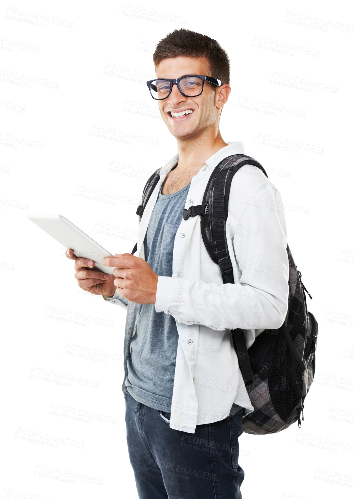 Buy stock photo Student portrait, tablet and backpack for online education, e learning college or university registration in studio. Young man with ebook, school research or digital technology on a white background
