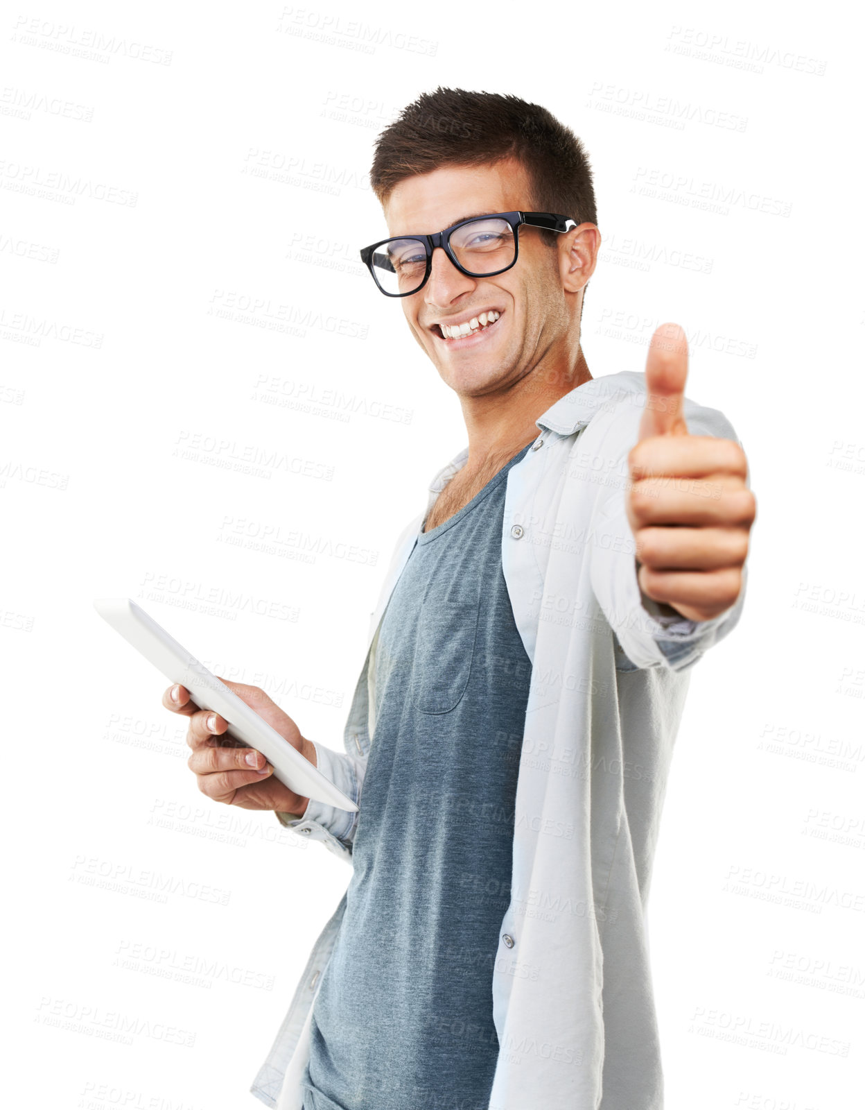 Buy stock photo Portrait of a smiling man with glasses with thumbs up and holding a touch screen