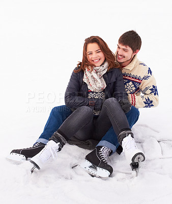 Buy stock photo Couple in the snow, ice skating outdoor with happiness and spending quality time together, relax in winter weather. Happy people cuddling, skate on frozen lake and bond in nature with love and care
