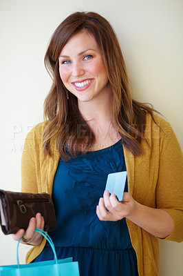 Buy stock photo Happy, retail portrait and a woman after shopping, weekend sale and shop discount. Smile, confident and a young person with a bag from a store after a boutique deal or making a purchase on a wall